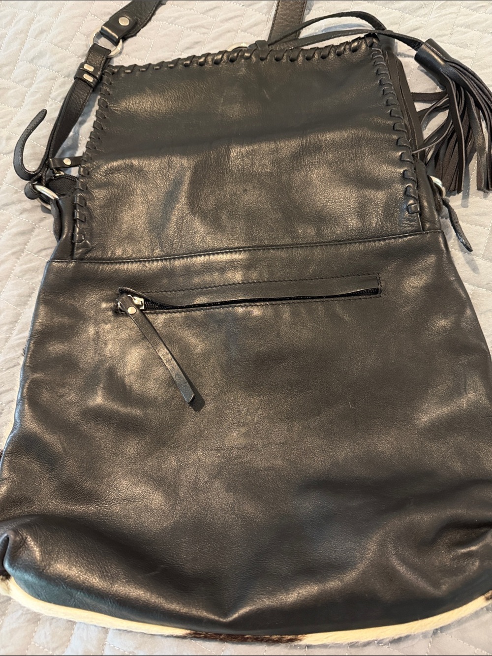 Cavalcanti Black & Cream Zebra-Print Leather Tassel Crossbody Bag - Picture 3 of 7